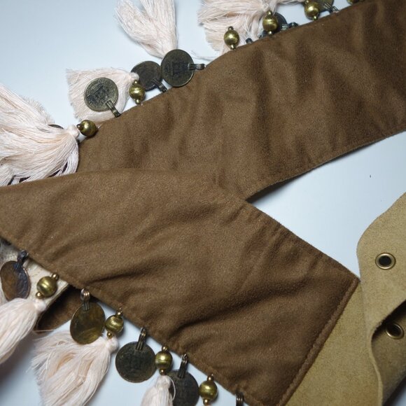Miss June Paris Embroidered Bohemian Fringe Belt w/ Coin & Leather Accents, Sz 2